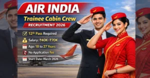 Air India Trainee Cabin Crew Recruitment 2026 showing male and female cabin crew with salary and eligibility details