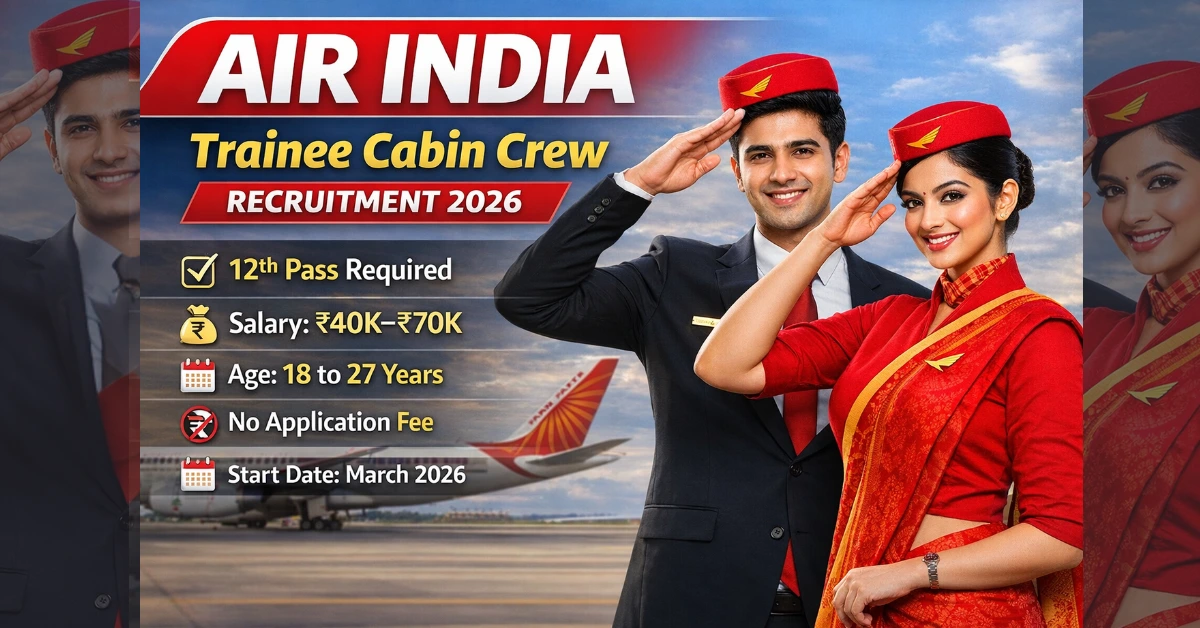 Air India Trainee Cabin Crew Recruitment 2026 showing male and female cabin crew with salary and eligibility details