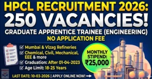 HPCL Hiring 2026 for Engineering Students - 250 Vacancies at Mumbai and Vizag Refineries.
