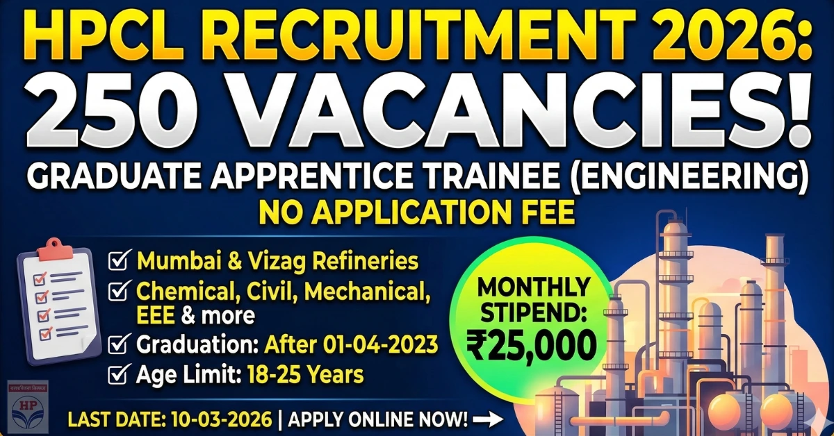 HPCL Hiring 2026 for Engineering Students - 250 Vacancies at Mumbai and Vizag Refineries.