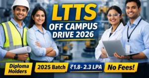 LTTS Off Campus Drive 2026 thumbnail with engineers and freshers hiring details
