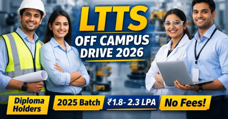 LTTS Off Campus Drive 2026 thumbnail with engineers and freshers hiring details
