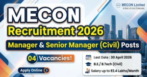 Official MECON Recruitment 2026 banner for Manager and Senior Manager Civil Engineer vacancies.