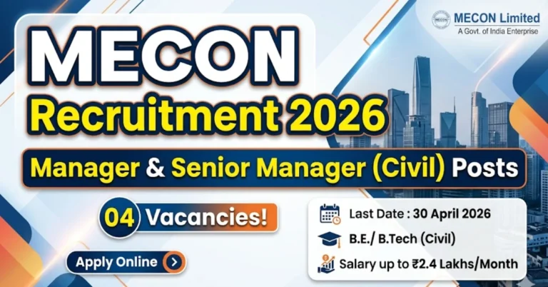 Official MECON Recruitment 2026 banner for Manager and Senior Manager Civil Engineer vacancies.
