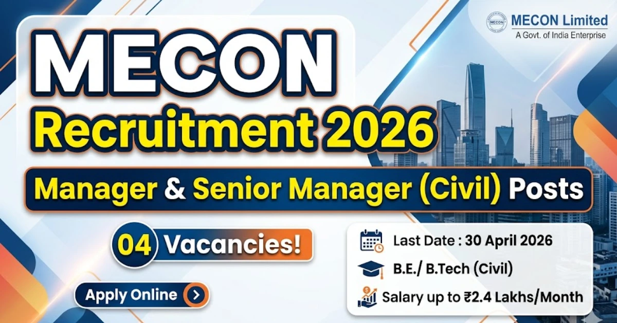 Official MECON Recruitment 2026 banner for Manager and Senior Manager Civil Engineer vacancies.