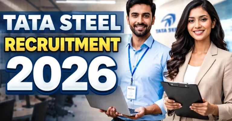 Tata Steel recruitment 2026 thumbnail showing professional employees in office environment