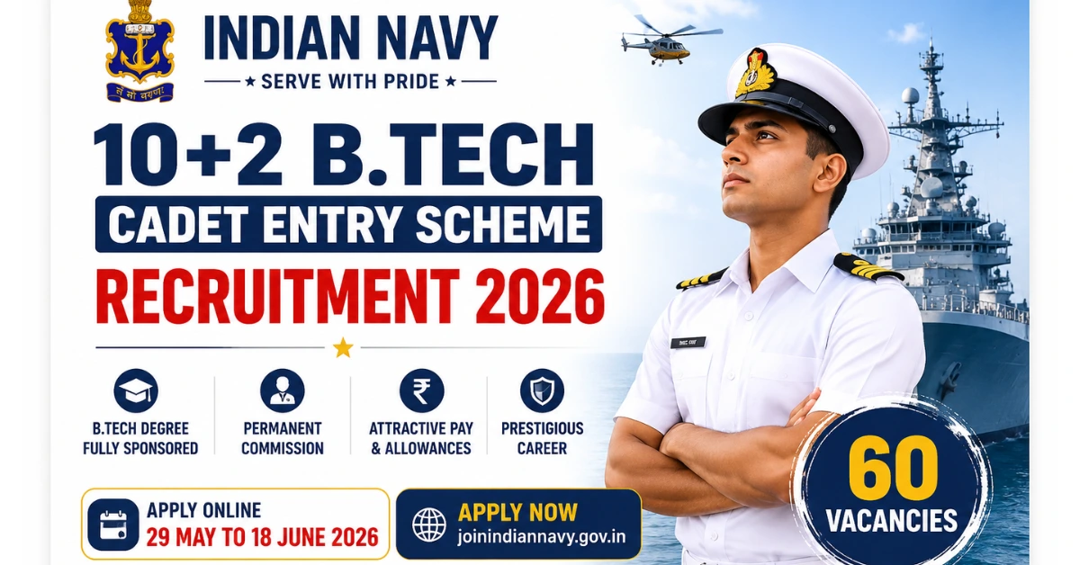Indian Navy B.Tech Cadet Entry Scheme 2026 official thumbnail with officer and warship