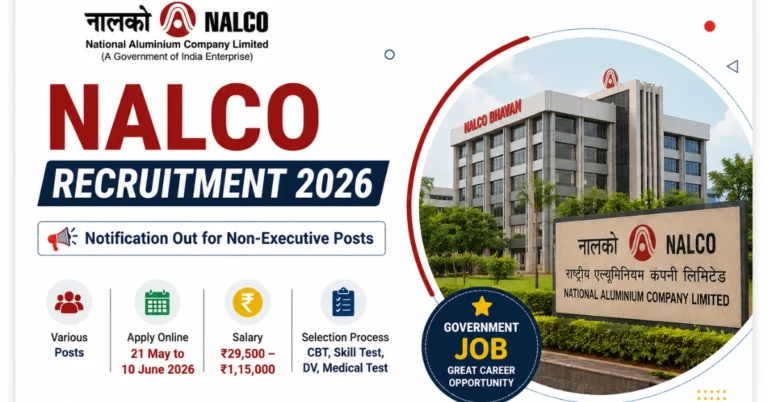 NALCO Recruitment 2026 notification thumbnail for Non-Executive posts with salary, application dates, and government job details