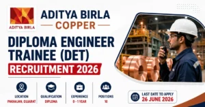 Aditya Birla Copper Diploma Engineer Trainee Recruitment 2026 website thumbnail showing Diploma Engineer Trainee (DET) hiring with official branding and manufacturing background.