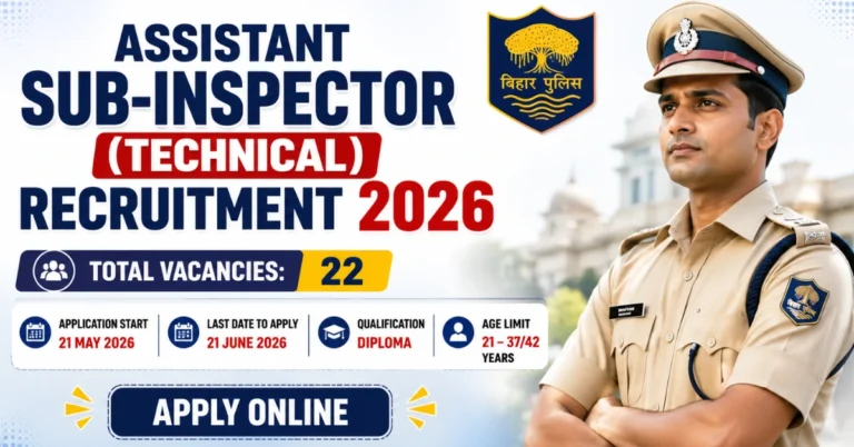 Assistant Sub-Inspector Technical Recruitment 2026 notification showing 22 vacancies, application dates, eligibility, and apply online details.