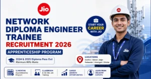 Jio Network DET Recruitment 2026 thumbnail for Network Diploma Engineer Trainee Apprenticeship Program for 2024 and 2025 Diploma graduates.