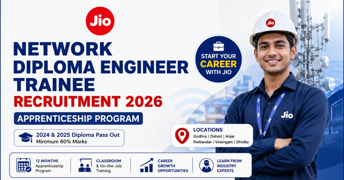 Jio Network DET Recruitment 2026 thumbnail for Network Diploma Engineer Trainee Apprenticeship Program for 2024 and 2025 Diploma graduates.