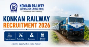 Konkan Railway Recruitment 2026 thumbnail featuring KRCL logo, railway train, and recruitment notification for Project Engineer, Technician, Supervisor and Shunting Operator posts.