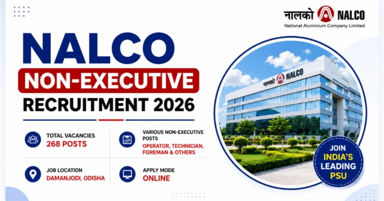 NALCO Non-Executive Recruitment 2026 thumbnail featuring the official NALCO logo and recruitment announcement for Operator, Technician and Foreman posts.