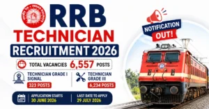 RRB Technician Recruitment 2026 notification thumbnail showing 6,557 Technician Grade I Signal and Technician Grade III vacancies with official Indian Railways theme.