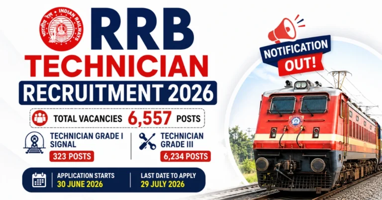 RRB Technician Recruitment 2026 notification thumbnail showing 6,557 Technician Grade I Signal and Technician Grade III vacancies with official Indian Railways theme.