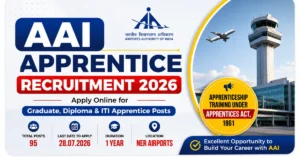 AAI Apprentice Recruitment 2026 website thumbnail showing Graduate, Diploma and ITI Apprentice posts under Airports Authority of India with online application details.