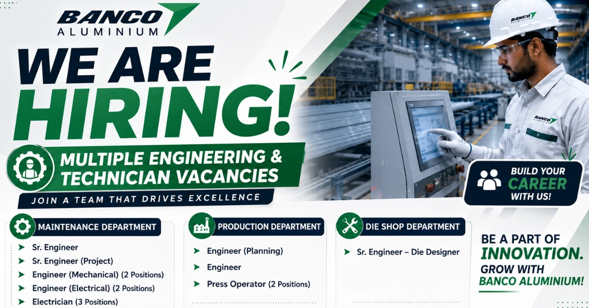 Banco Aluminium Recruitment 2026 website thumbnail featuring multiple engineering and technician vacancies.