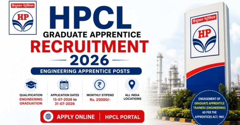 HPCL Graduate Apprentice Recruitment 2026 website thumbnail for Engineering Apprentice Posts with application dates, stipend, and HPCL logo.