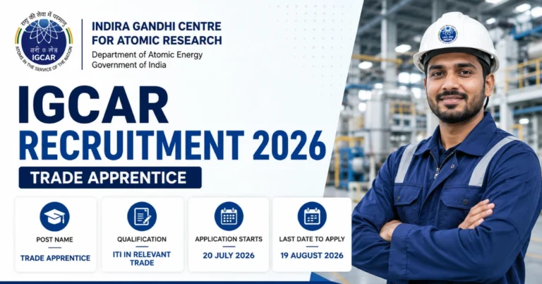 IGCAR Trade Apprentice Recruitment 2026 official notification thumbnail for ITI Apprentice posts under the Department of Atomic Energy.