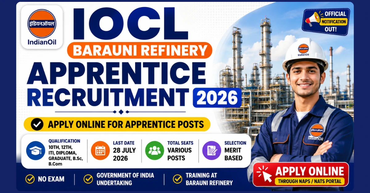 IOCL Barauni Refinery Apprentice Recruitment 2026 website thumbnail for Trade and Technician Apprentice posts.
