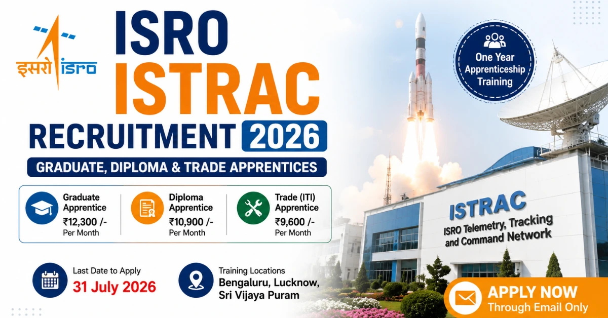 ISRO ISTRAC Recruitment 2026 website thumbnail for Graduate, Diploma and Trade Apprentice Training notification