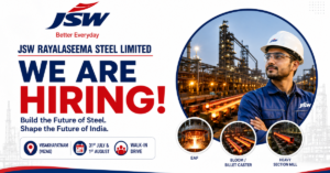 JSW Rayalaseema Steel Recruitment 2026 website thumbnail featuring walk-in drive for Manager, AGM, DGM, GM and Engineering jobs at JSW Rayalaseema Steel Limited.