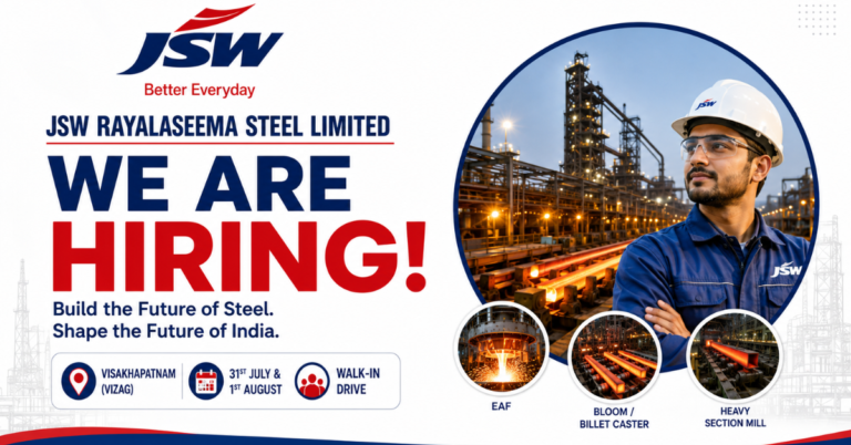 JSW Rayalaseema Steel Recruitment 2026 website thumbnail featuring walk-in drive for Manager, AGM, DGM, GM and Engineering jobs at JSW Rayalaseema Steel Limited.