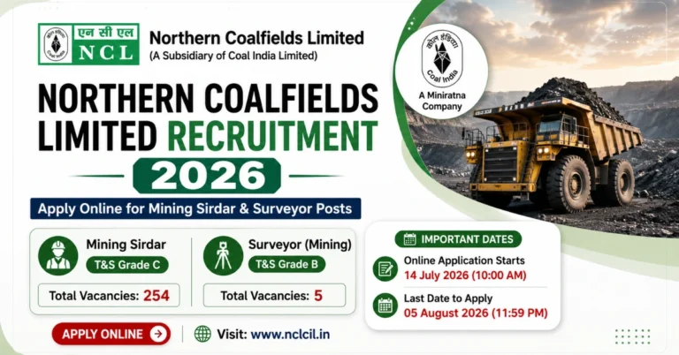 Northern Coalfields Limited Recruitment 2026 website thumbnail for Mining Sirdar T&S Grade C and Surveyor (Mining) T&S Grade B recruitment notification.