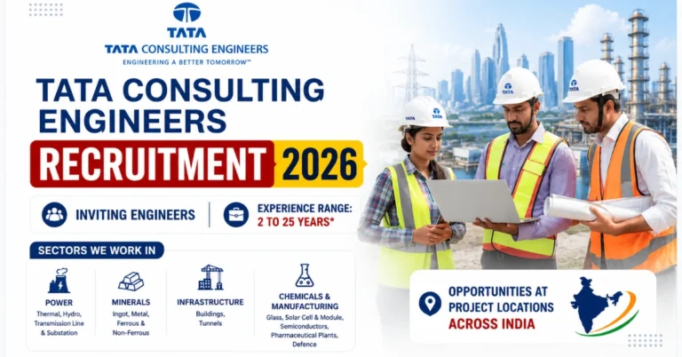 Tata Consulting Engineers Recruitment 2026 thumbnail featuring experienced engineering professionals and company hiring announcement.