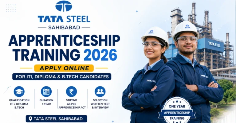 Tata Steel Sahibabad Apprenticeship Training 2026 website thumbnail for ITI, Diploma, and B.Tech candidates applying online for one-year apprenticeship training.