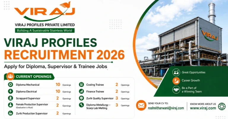 Viraj Profiles Recruitment 2026 website thumbnail showing diploma, supervisor, and trainee job openings at Viraj Profiles Private Limited.