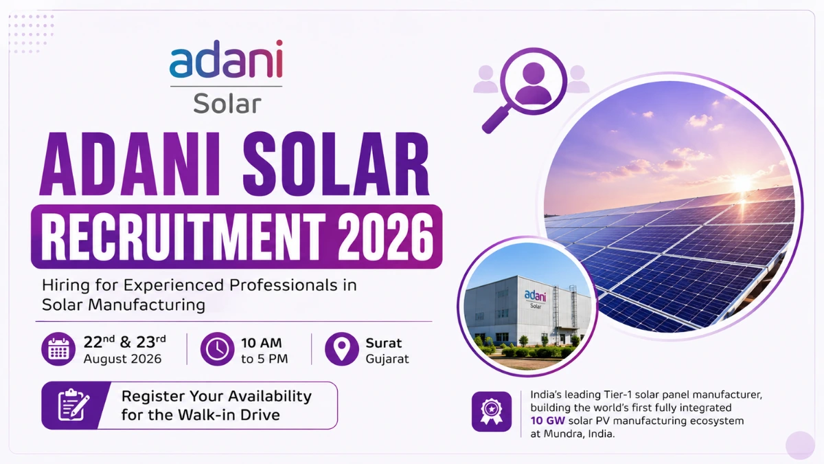 Adani Solar Recruitment 2026 hiring experienced professionals in solar manufacturing