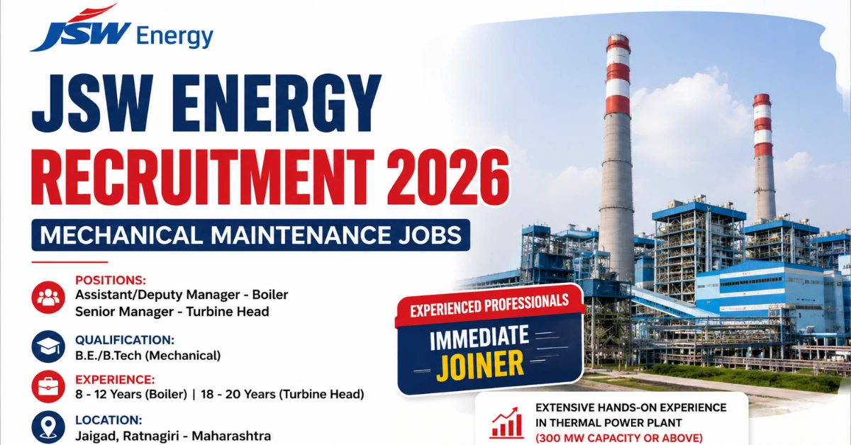 JSW Energy Recruitment 2026 thumbnail for Mechanical Maintenance Manager and Boiler Jobs in Maharashtra