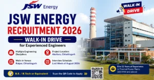 JSW Energy Recruitment 2026 walk-in drive thumbnail for experienced engineers in Civil, Mechanical, Electrical, C&I, Engineering Coordination and Project Management roles.