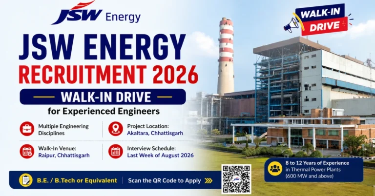 JSW Energy Recruitment 2026 walk-in drive thumbnail for experienced engineers in Civil, Mechanical, Electrical, C&I, Engineering Coordination and Project Management roles.