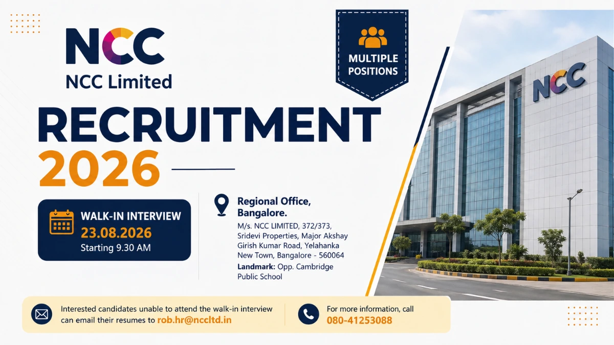 NCC Limited Recruitment 2026 walk-in interview for multiple posts in Bangalore