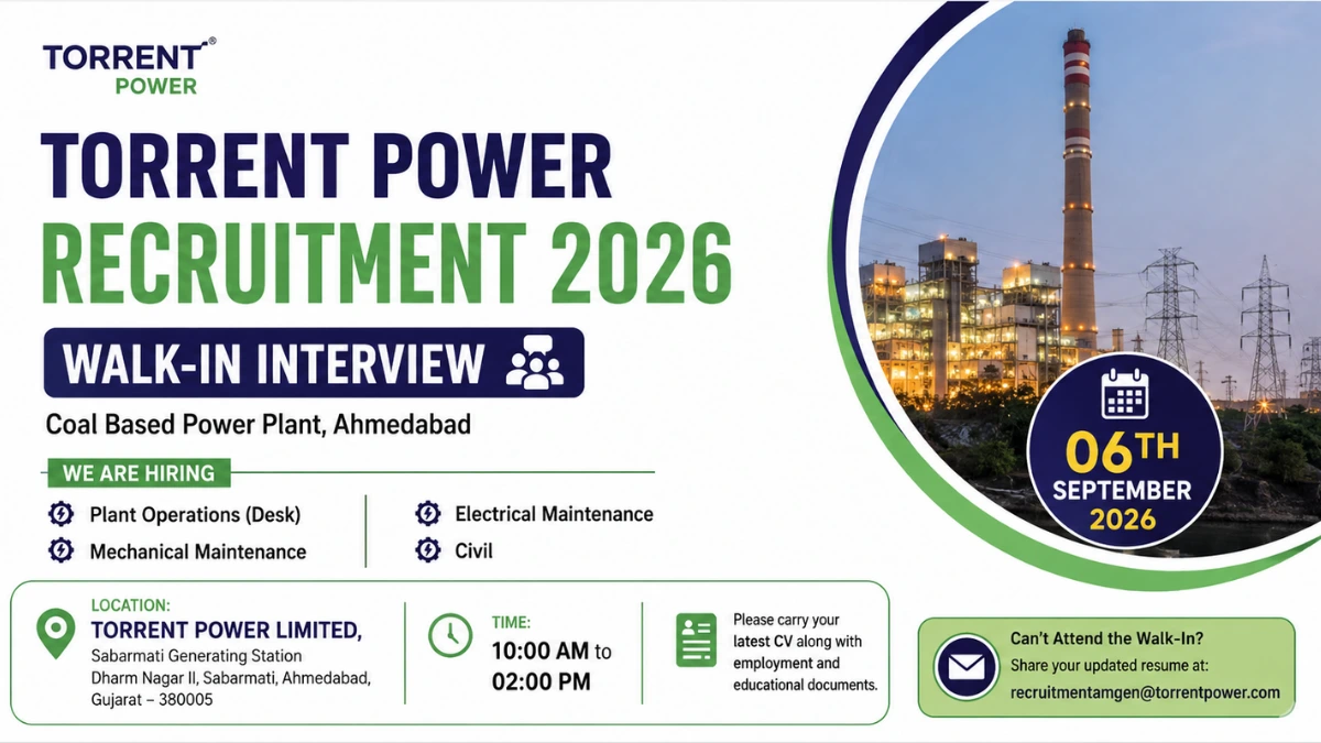 Torrent Power Recruitment 2026 walk-in interview for Executive posts in Plant Operations, Mechanical Maintenance, Electrical Maintenance and Civil in Ahmedabad