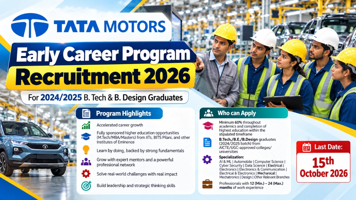 Tata Motors Recruitment 2026 Early Career Program for B.Tech, B.E and B.Design Graduates