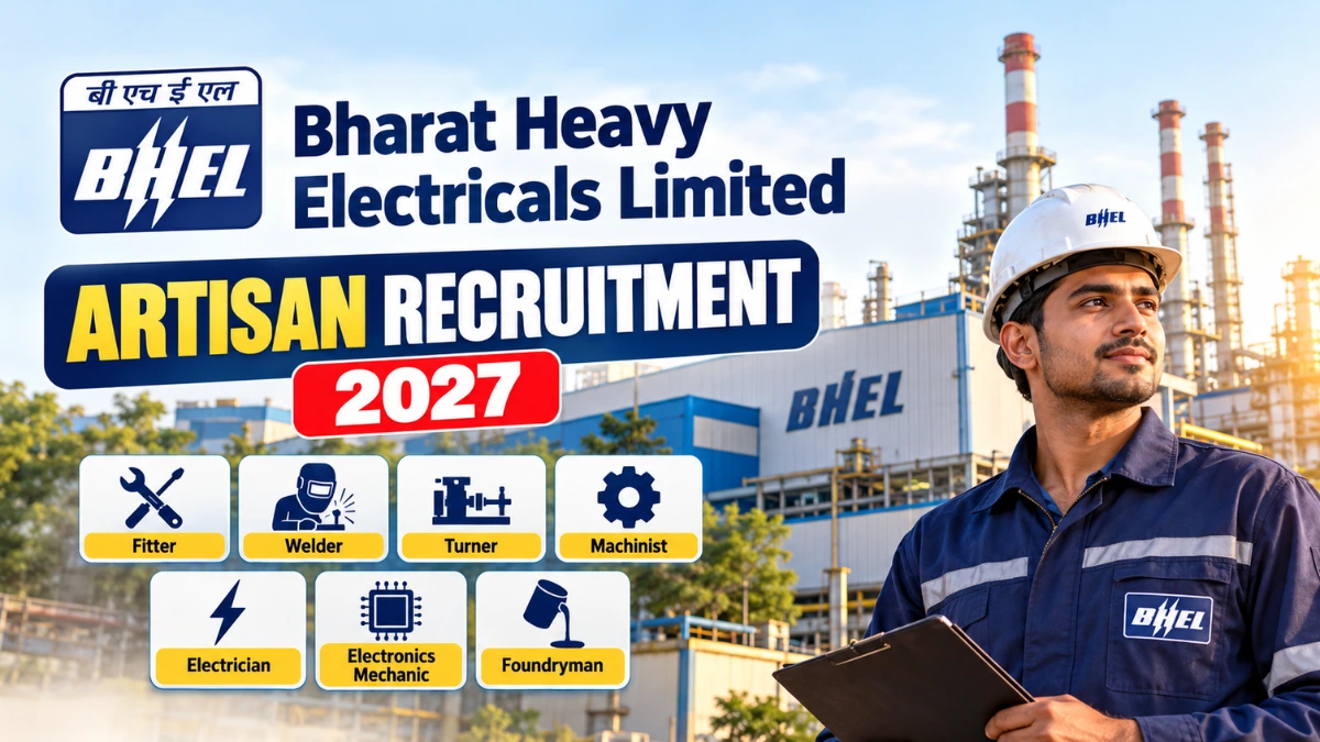 BHEL Artisan Trainee Recruitment 2026 thumbnail featuring Bharat Heavy Electricals Limited and Artisan Grade IV trades.