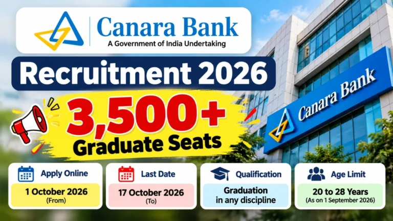 Canara Bank Recruitment 2026 thumbnail highlighting 3,500+ graduate seats.