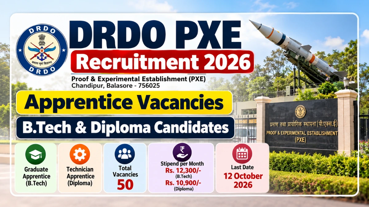 DRDO PXE Recruitment 2026 apprentice vacancies for B.Tech and Diploma candidates