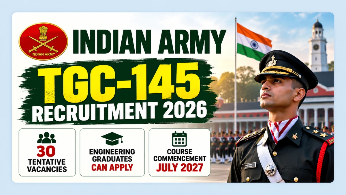 Indian Army TGC-145 Recruitment 2026 thumbnail featuring 30 tentative vacancies for engineering graduates and the July 2027 course.