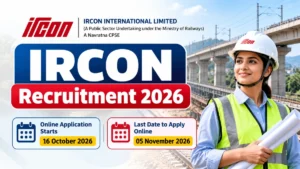 IRCON Recruitment 2026 thumbnail featuring railway infrastructure and online application dates.