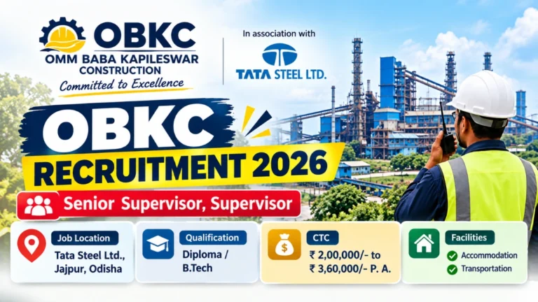 OBKC Recruitment 2026 for Senior Supervisor and Supervisor jobs at Tata Steel, Jajpur, Odisha