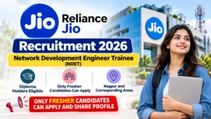 Reliance Jio Recruitment 2026 for Network Development Engineer Trainee (NDET), with fresher candidates eligible to apply.